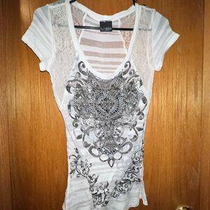 Express White and Gray Lace Accent Tee